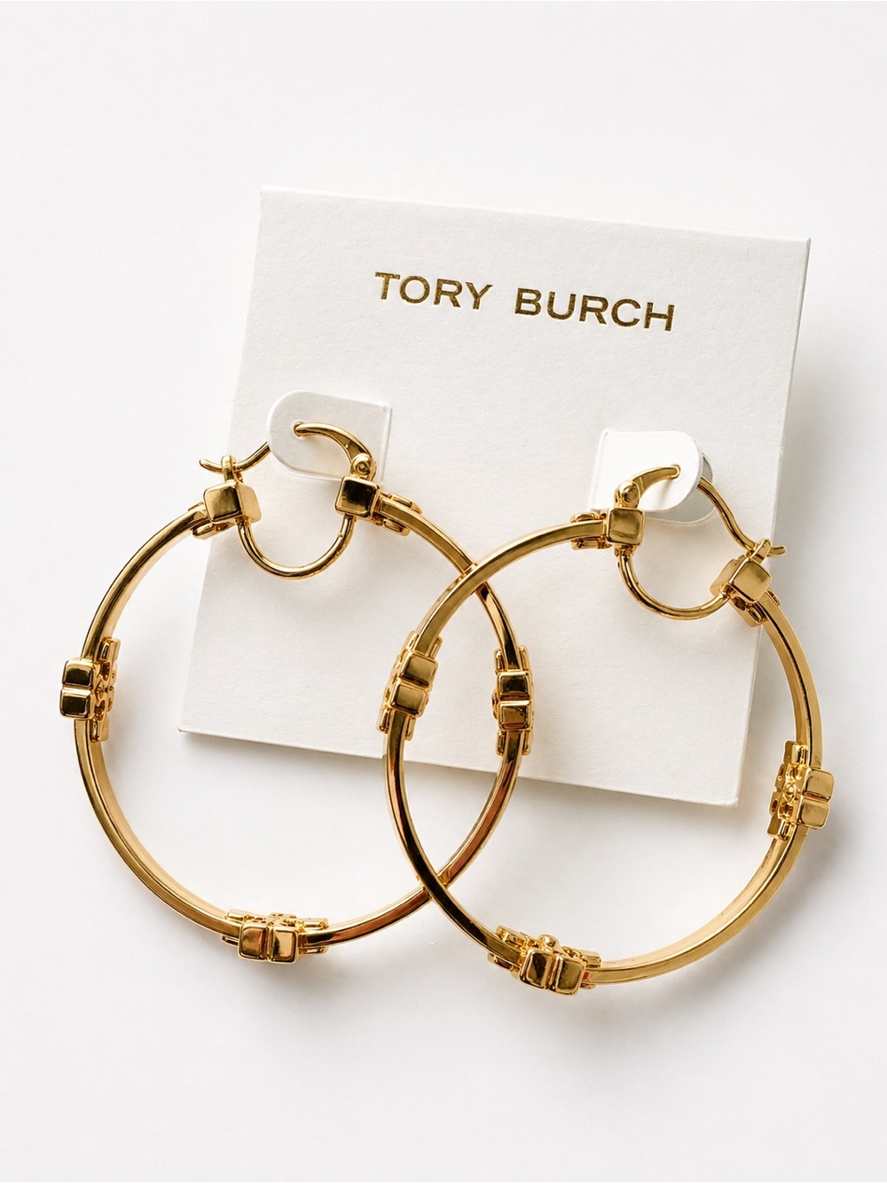 Tory Burch Gold Tone Miller Logo Hoop Earrings NWOT